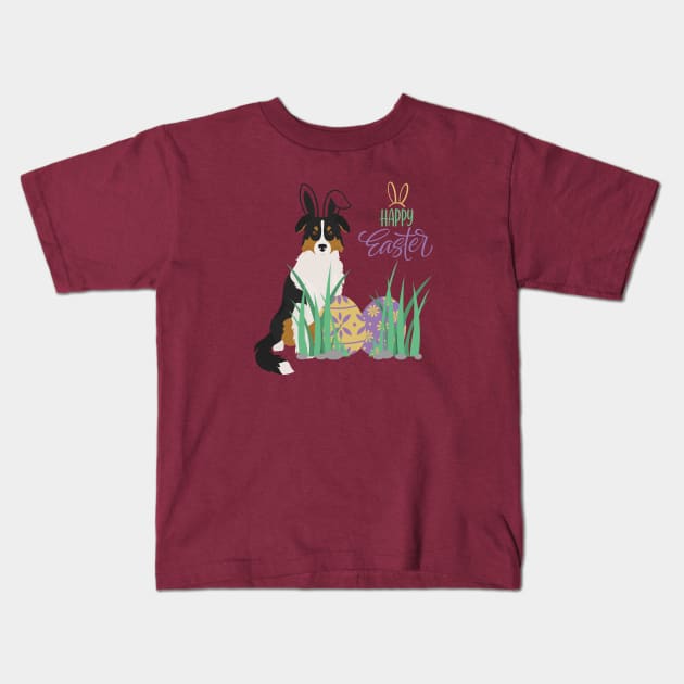 Tricolor Australian Shepherd Dog with Bunny Ears and Happy Easter with Egg Kids T-Shirt by Seasonal Dogs